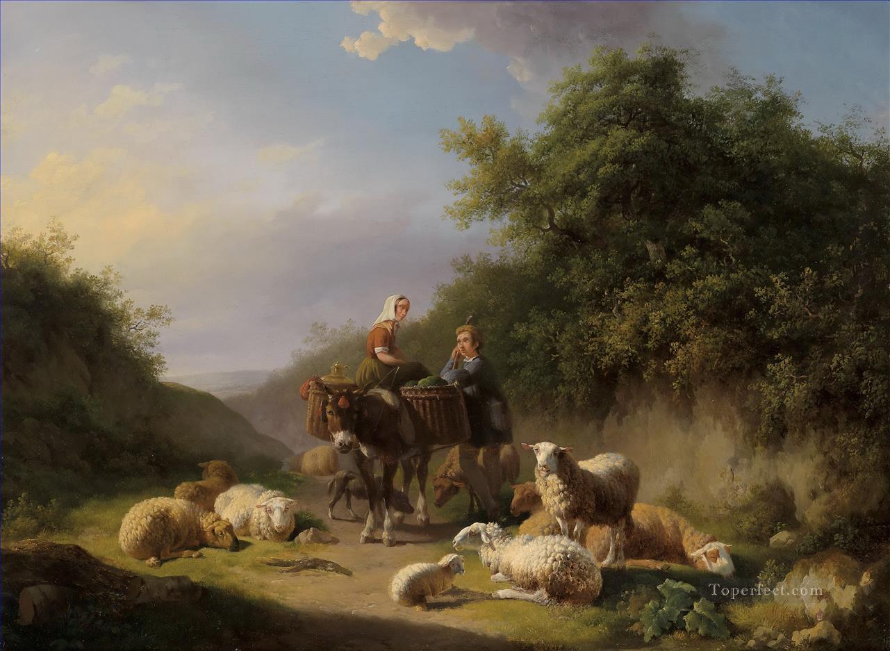 Eugène Verboeckhoven Schafhirte et Hirtin Chèvre Mouton Berger Peintures à l'huile